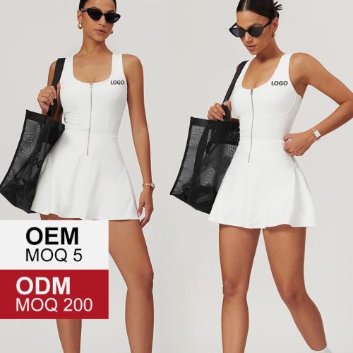 Women's Nude-Feel Sports Dress - Front Zipper Tennis Skirt with Built-in Anti-Light Shorts (High Stretch, Removable Padding)