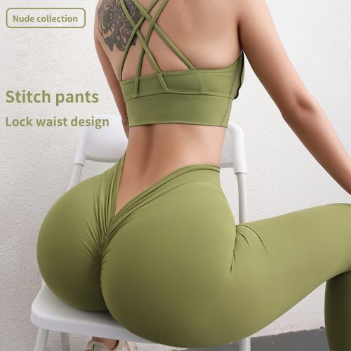 Women's Nude-Feel Scrunch Butt Yoga Leggings - High Waist V-Back Hip Lifting Gym Tights (80% Nylon/20% Spandex)