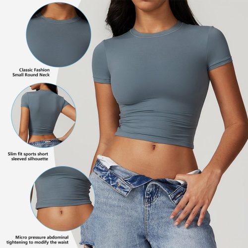 Women's Quick-Dry Yoga Crop Top - Short Sleeve Tight Fitting Sports Shirt for Running, Pilates & Dance (78% Nylon/22% Spandex)