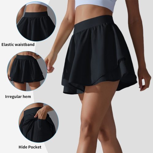 Women's Double-Layer Tennis Skirt with Inner Pockets - High Elasticity Running & Yoga Skirt (93% Nylon/7% Spandex)