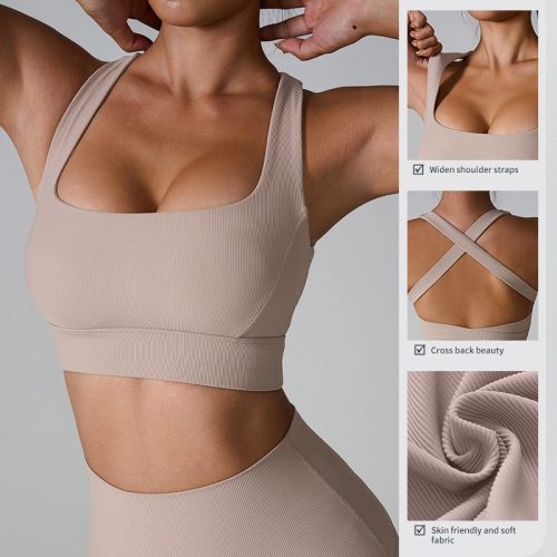 Women's Naked Feel Ribbed Sports Bra - Square Neck Cross Back Yoga Bra with Elastic Belt (Quick-Dry, Non-See Through)