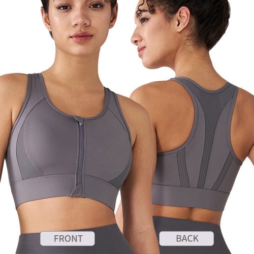 Women's Antibacterial Sports Bra - Zippered High-Support Running Bra with Fixed Padding (Shock-Absorbing, Quick-Dry)